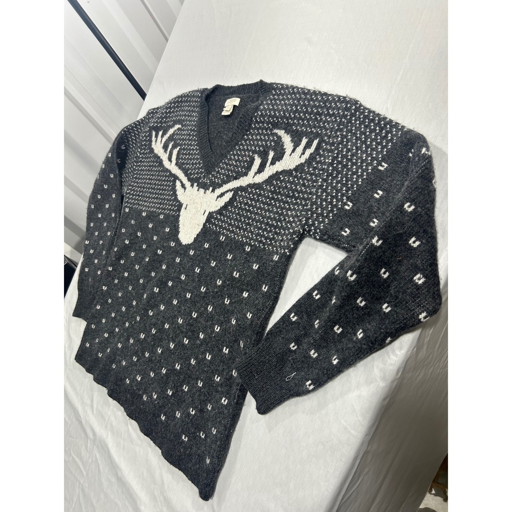 J.Crew Mens Large Gray Stag Deer‎ Antler V-Neck Knit Sweater Charcoal White
